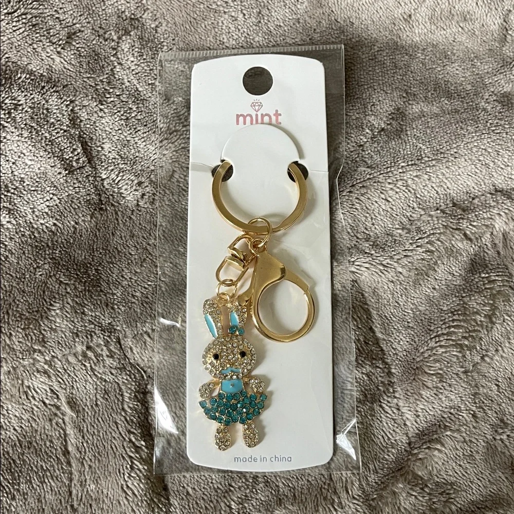 Gold and Blue Bunny Keychain bag purse charm rhinestone gold tone nwt